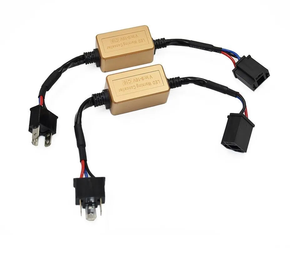 Black alloy Canbus decoder for H4 H7 H11 LED car headlights to fix flicker and error codes.