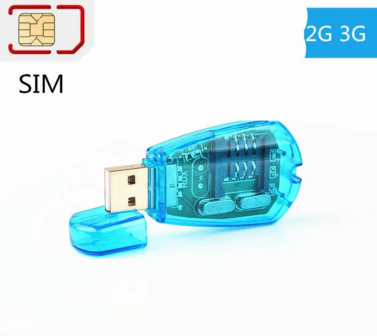 Blue external USB SIM card reader for PC to manage phonebooks and SMS messages