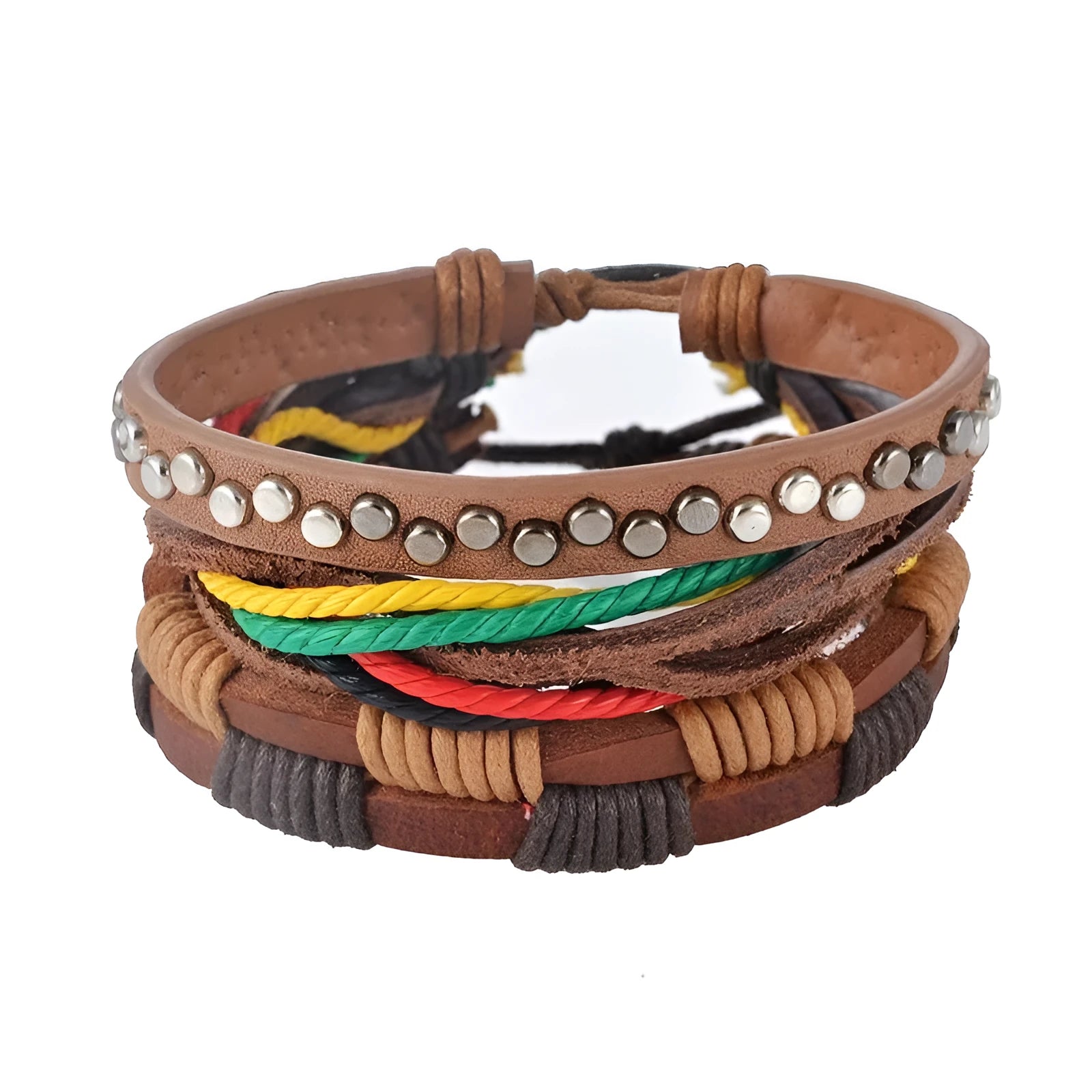 Hand-woven multilayer leather bracelet with wooden beads on adjustable 6cm diameter band