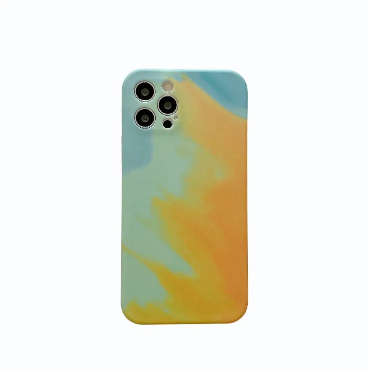 Soft silicone iPhone case with abstract gradient geometric oil painting design in blue green pink purple colours