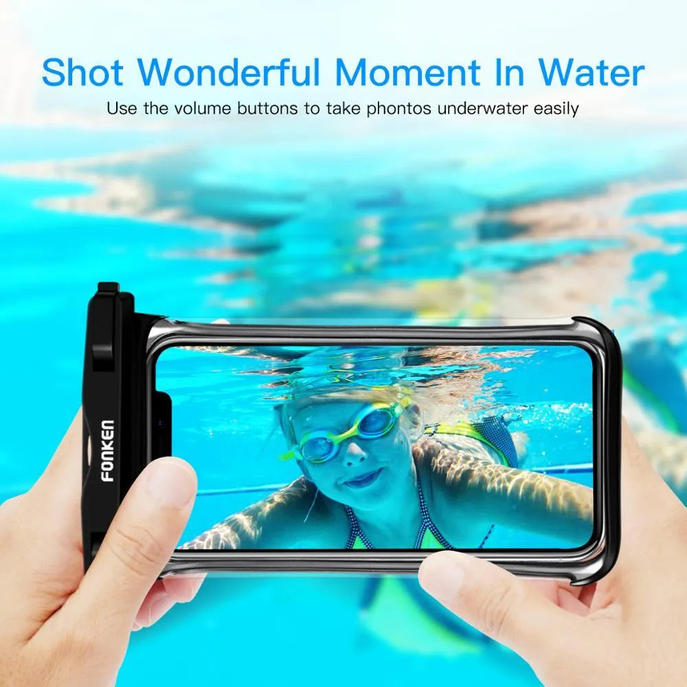 Transparent mobile phone waterproof diving bag with double ring seal, in black, holding a smartphone