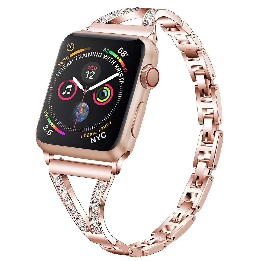 Stainless steel Apple Watch strap with diamond studding in gold, black, pink, rose gold and white colour options.