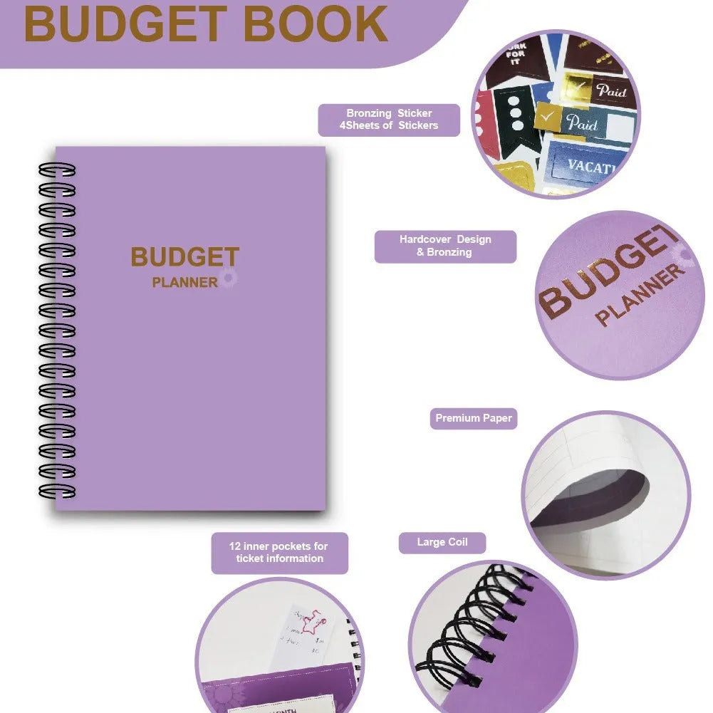 Purple coil-bound financial planning notebook open on a desk with pen, stickers, and paper clips.
