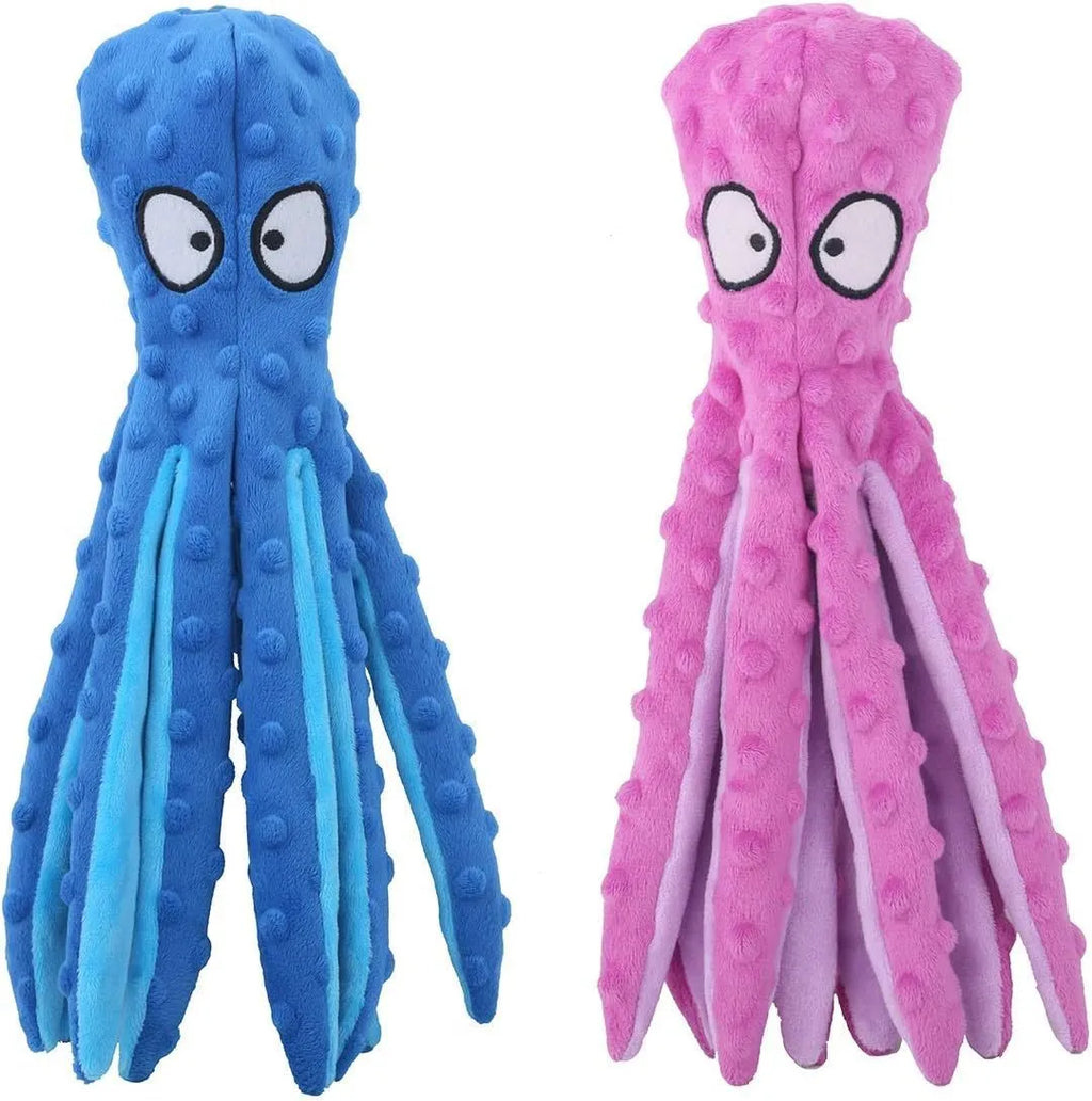 Blue no stuffing octopus squeaky toy with crinkle paper and BB call for dogs, made from crystal soft mesh, 32cm long