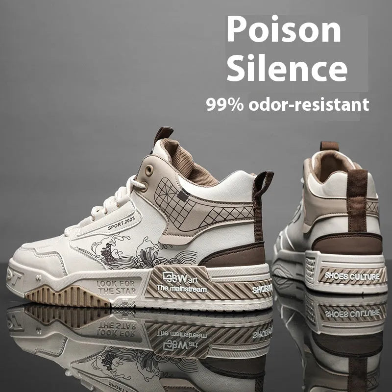 Men's beige and white high-top board shoes with a lace-up front and rubber sole.