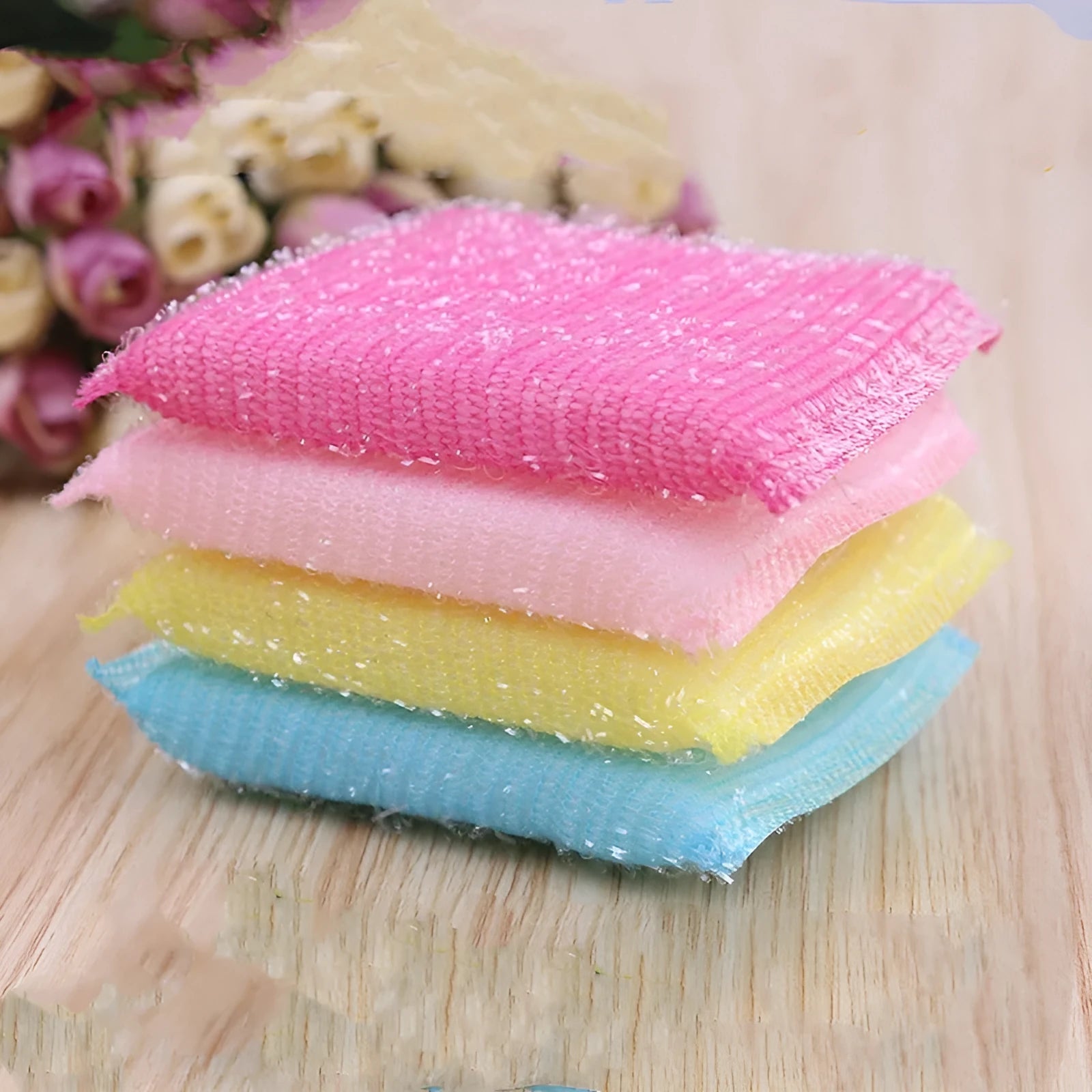 Pinstripe fabric dishwashing sponge mop in macaron colours measuring 12x8.5x1.5cm