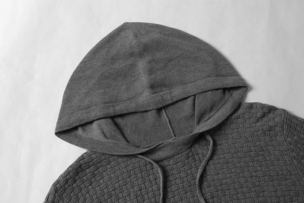 Men's cotton-polyester hooded sweatshirt shown in various colours including black, navy, and red.