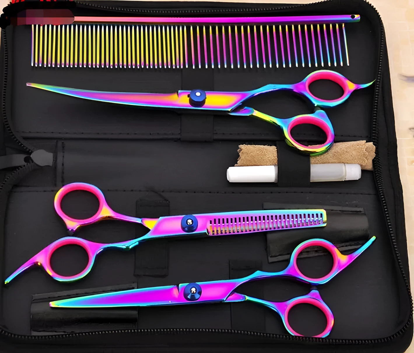 Set of three DCPET pet grooming scissors on bag: 7-inch curved, 6-inch flat, 6-inch tooth shear, 4CR steel, 17.5 cm, purple colour