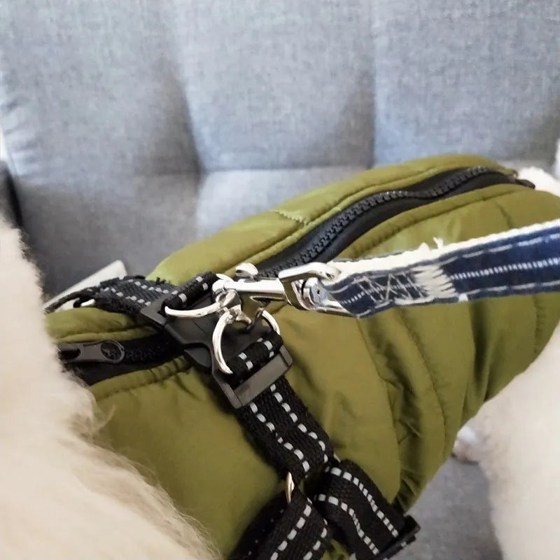 Red waterproof dog coat with harness access opening for winter weather protection