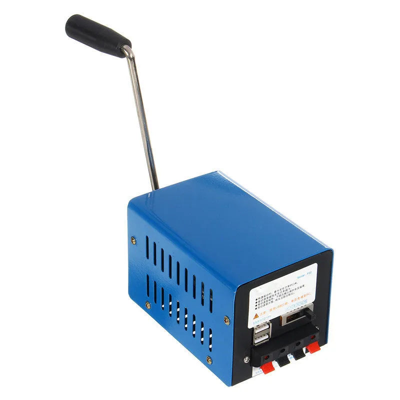 Blue metal hand crank emergency power generator with USB port, shown with user manual.