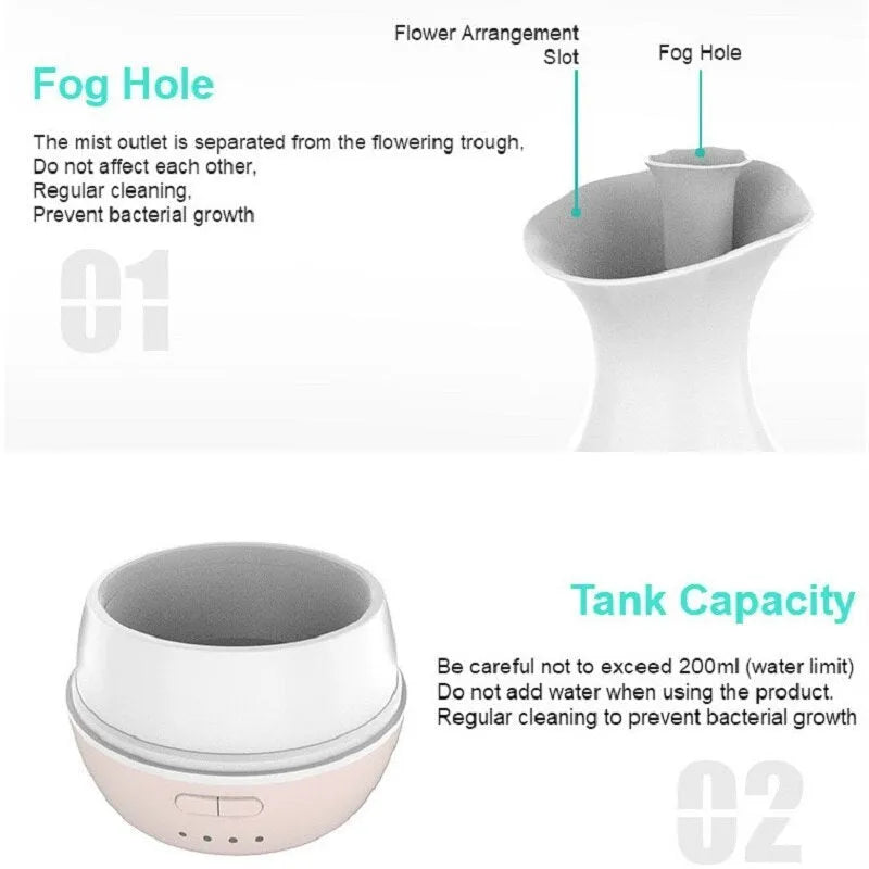 White ultrasonic humidifier diffuser with colourful LED night lights and mist output