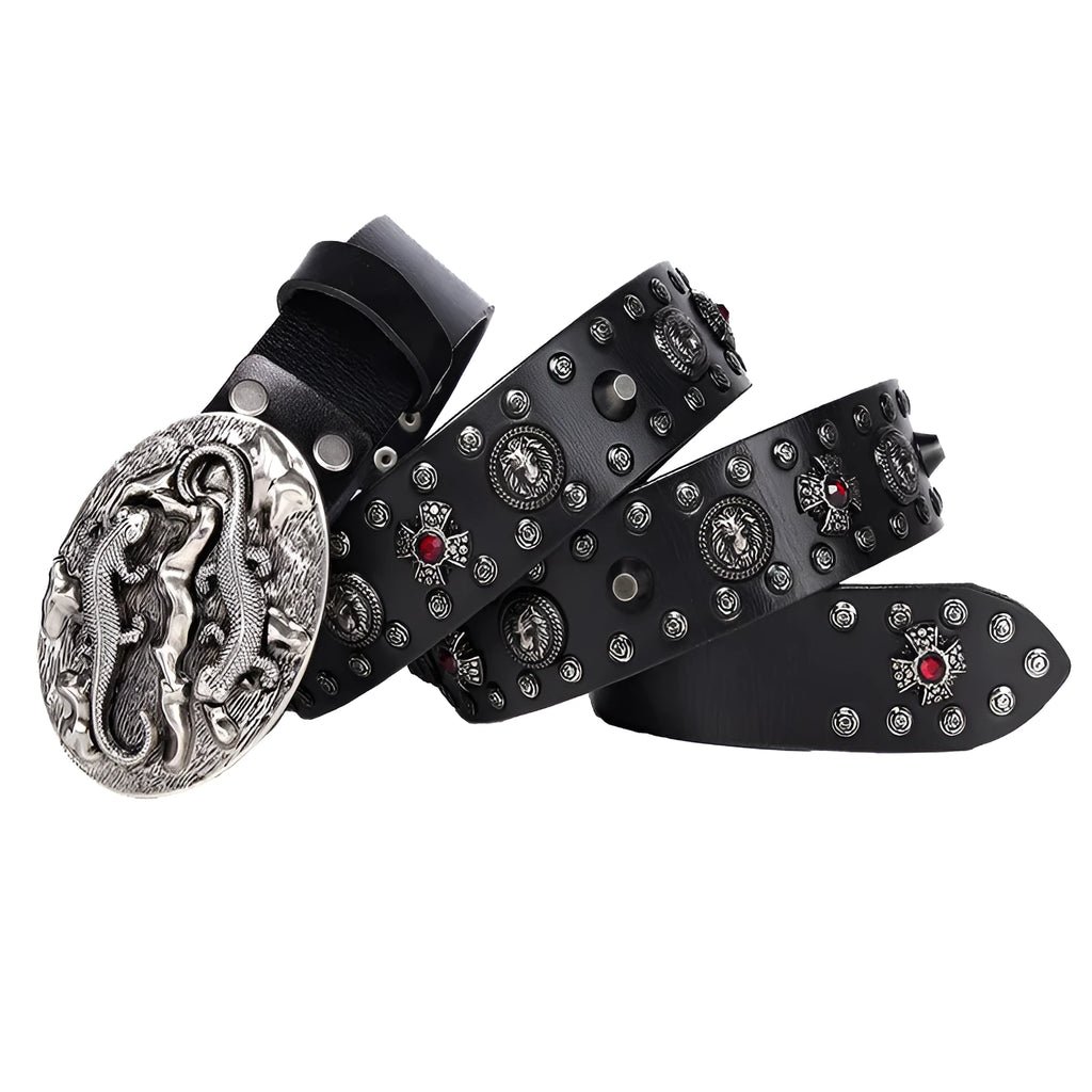 Men's black genuine leather belt with silver punk rivets and a smooth alloy buckle.