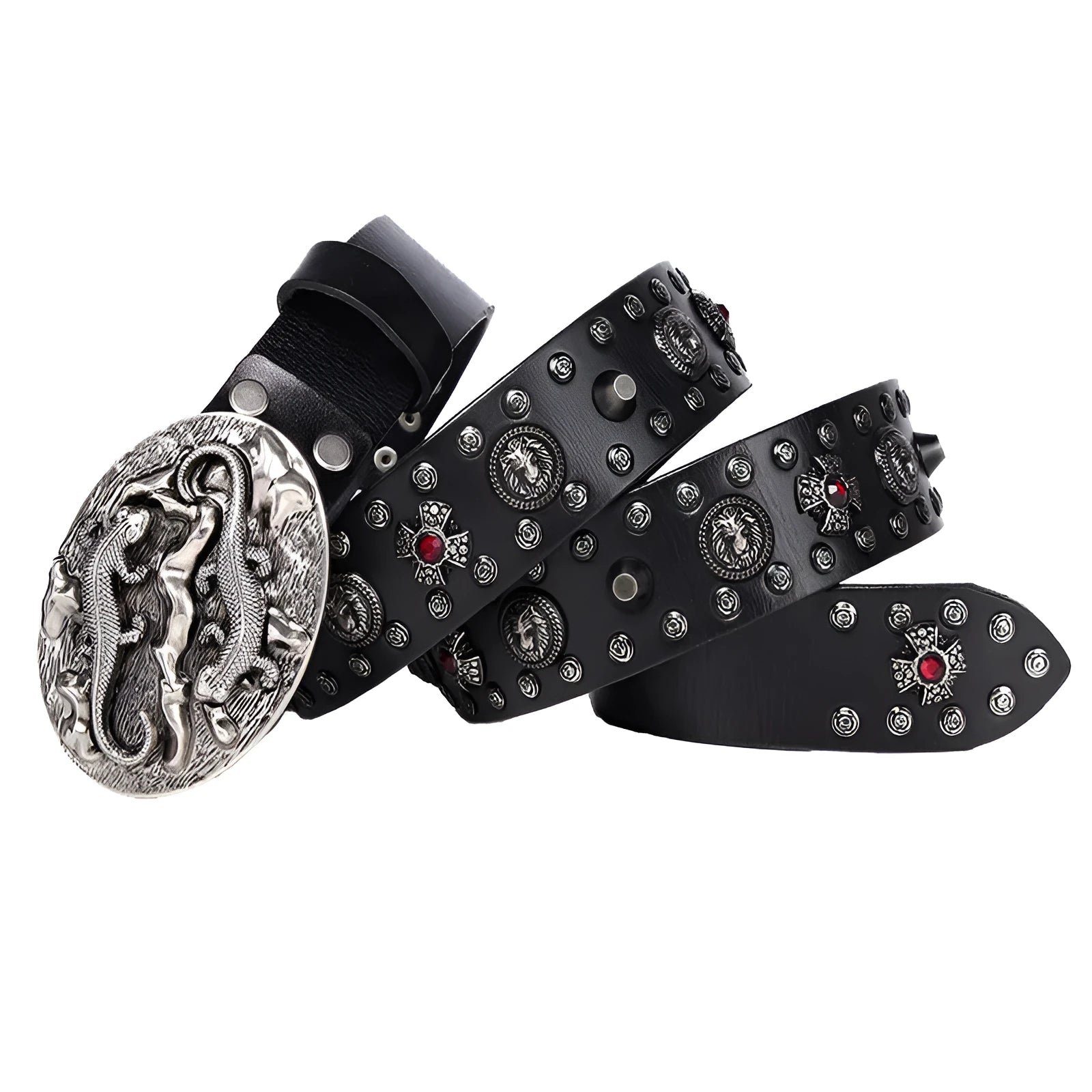 Men's black genuine leather belt with silver punk rivets and a smooth alloy buckle.