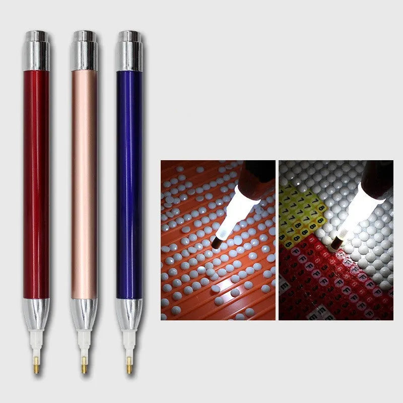 Luminous diamond painting drill pen in aluminium alloy, single-head, blue colour, with a simple metal frame.