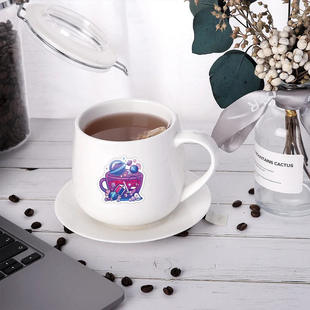 Pack of 50 colourful tea cup graffiti design waterproof vinyl stickers for DIY decoration.