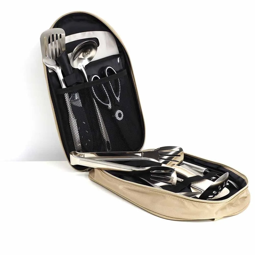 12-piece stainless steel picnic cutlery set inside a khaki coloured portable storage bag.