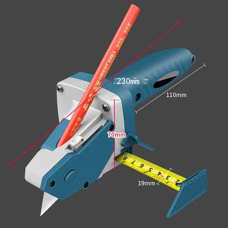 Blue aluminium alloy multifunctional woodworking cutter tool with one-press lock and measurement scale.