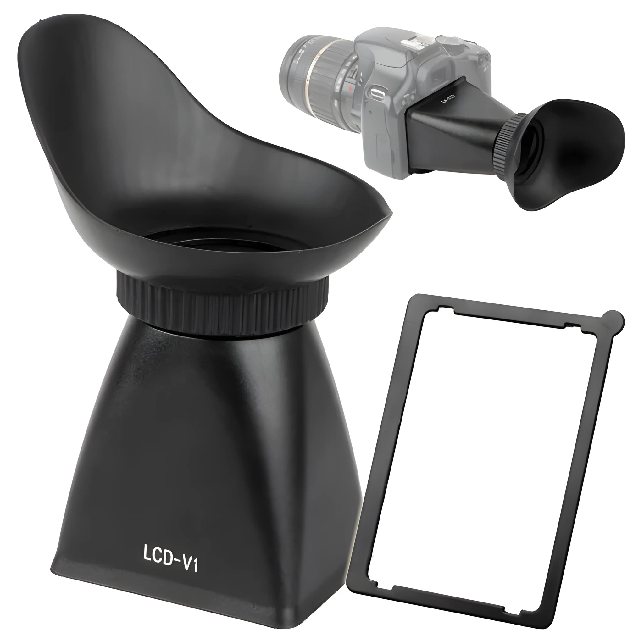 Black camera LCD viewfinder with magnification lens mounted on a DSLR camera.
