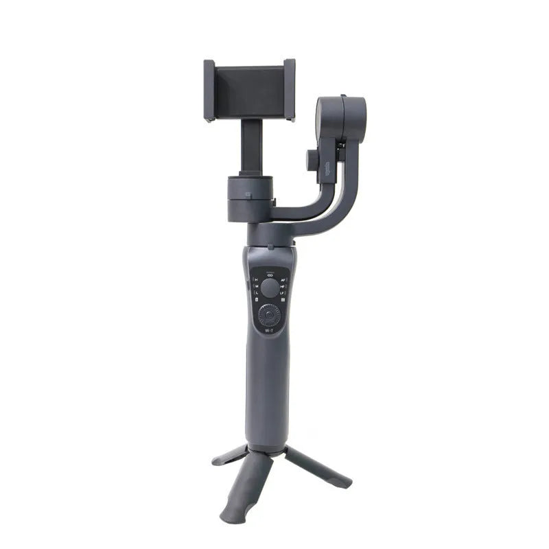 Black three-axis handheld gimbal stabiliser for mobile phones with tripod and hard case.