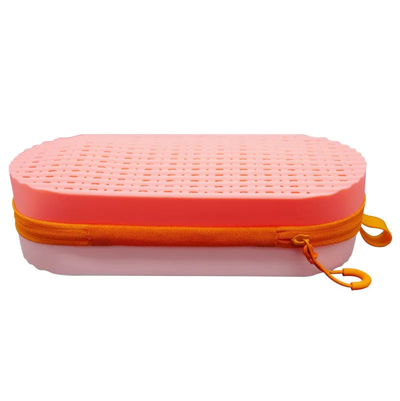 A slim, modern silicone glasses case in rose red light purple colour, showing its long hand shape and compact 200x80x50mm dimensions.