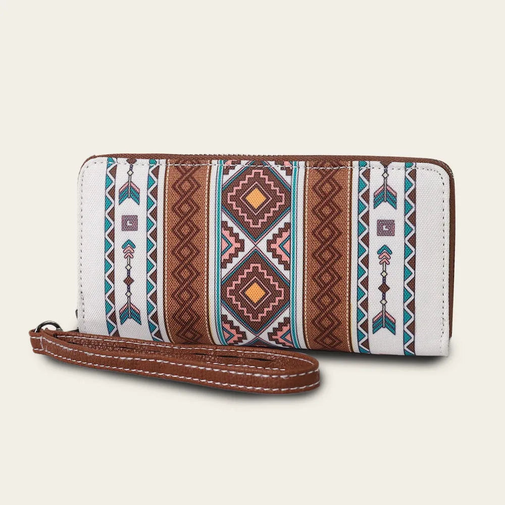 Bohemian striped canvas RFID wallet with wind belt closure showing beige colour option