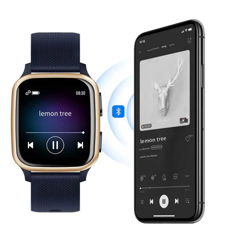 Smartwatch smart bracelet with aluminium alloy case showing colour options: blue, pink, black, green.