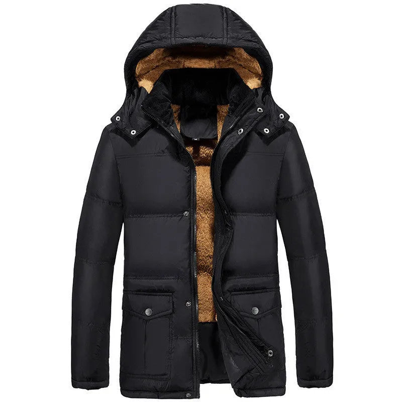 Black velvet padded men's winter jacket with double-breasted placket and hood