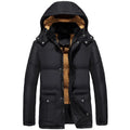 Black velvet padded men's winter jacket with double-breasted placket and hood