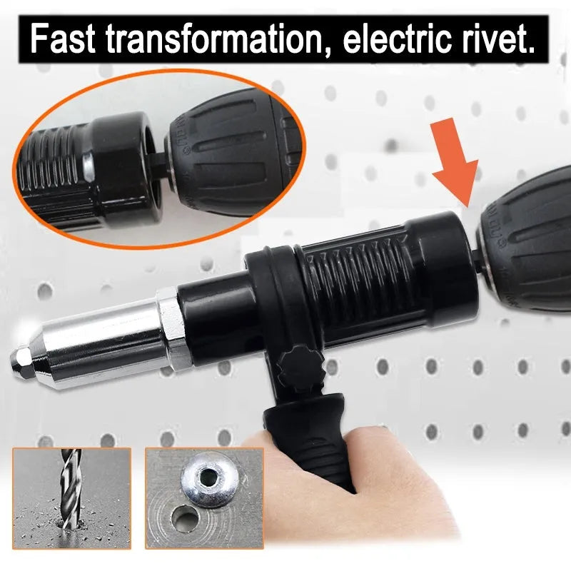 Black metal electric drill rivet gun attachment, 173mm long, with alloy steel head and wrench.