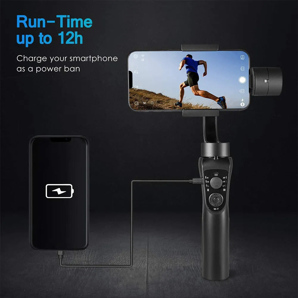 Black three-axis handheld gimbal stabiliser for mobile phones with tripod and hard case.
