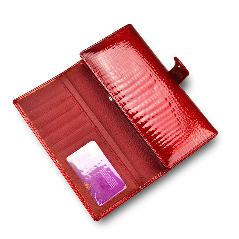 Women's leather coin purse with patent leather crocodile pattern texture in wine red colour