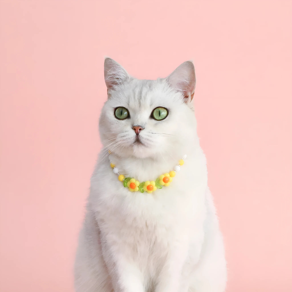 Colourful bead pet necklace for dogs and cats in rainbow, peach, or small flower patterns with adjustable sizing