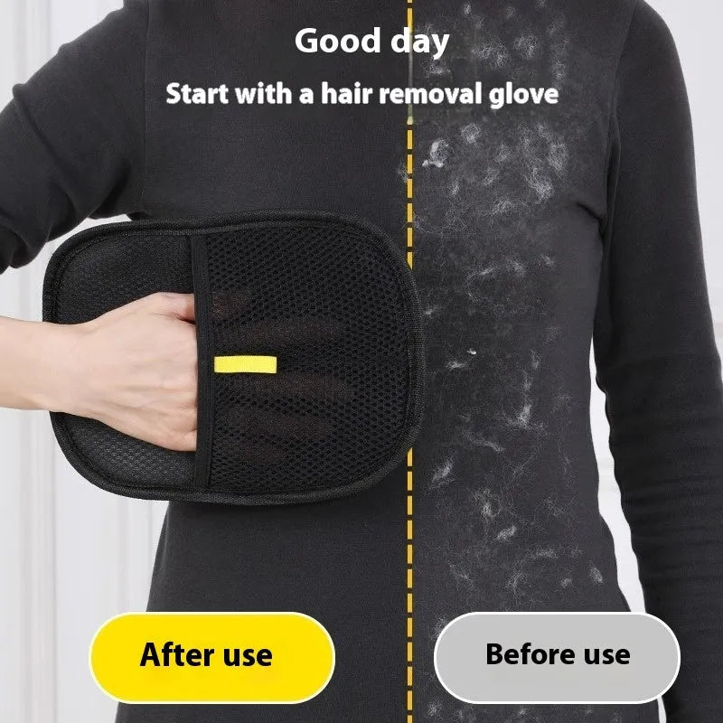 Black pet hair remover glove with silicone bristles for dogs and cats, shown on a hand