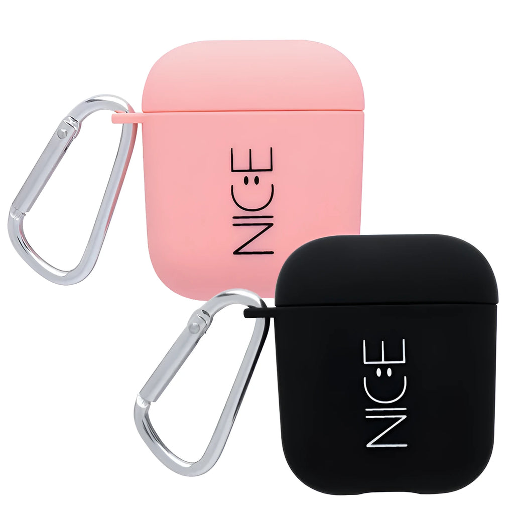 Black and pink AirPods case covers with smiley face and flower decorative motifs