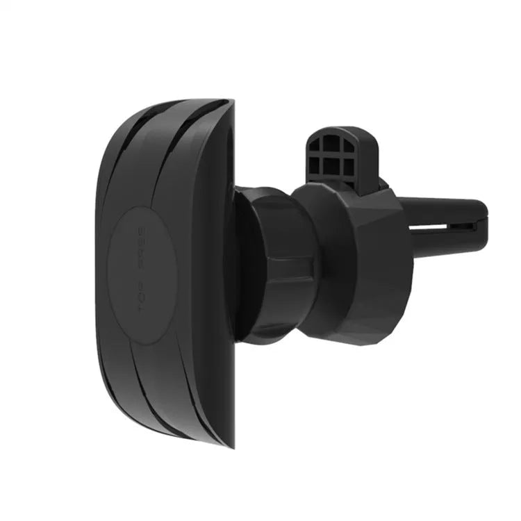 Black car air vent phone holder with magnetic smartphone attachment mounted on vehicle ventilation outlet