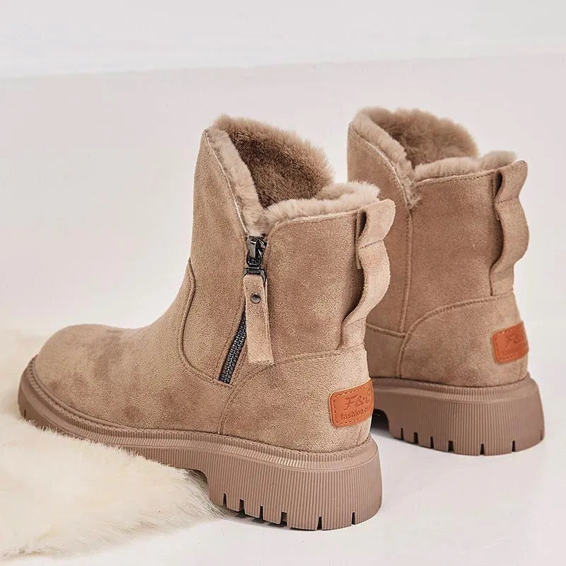 Women's black thick plush high-top snow boot with side zip and non-slip rubber sole.