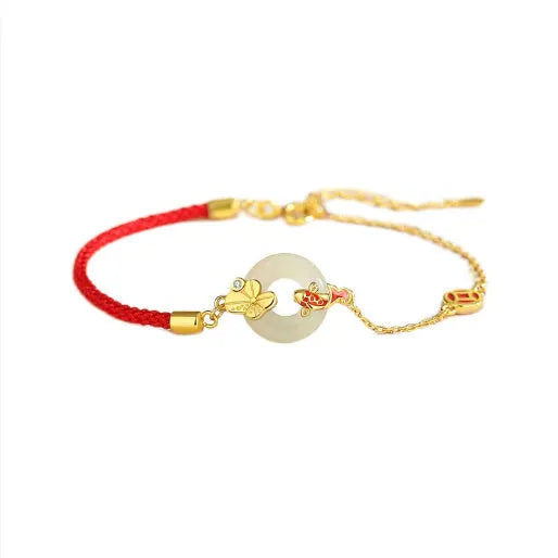 Koi Peace Buckle Hetian Jade Red Rope Bracelet, 925 silver, gold electroplated, retro women's bracelet