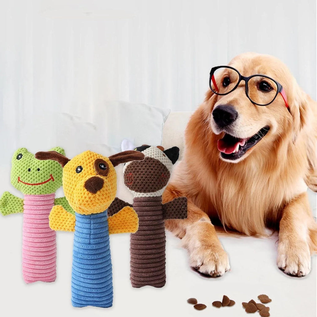 Dog squeaky plush chew toy in animal shape with massaging texture for dental care, 19cm length