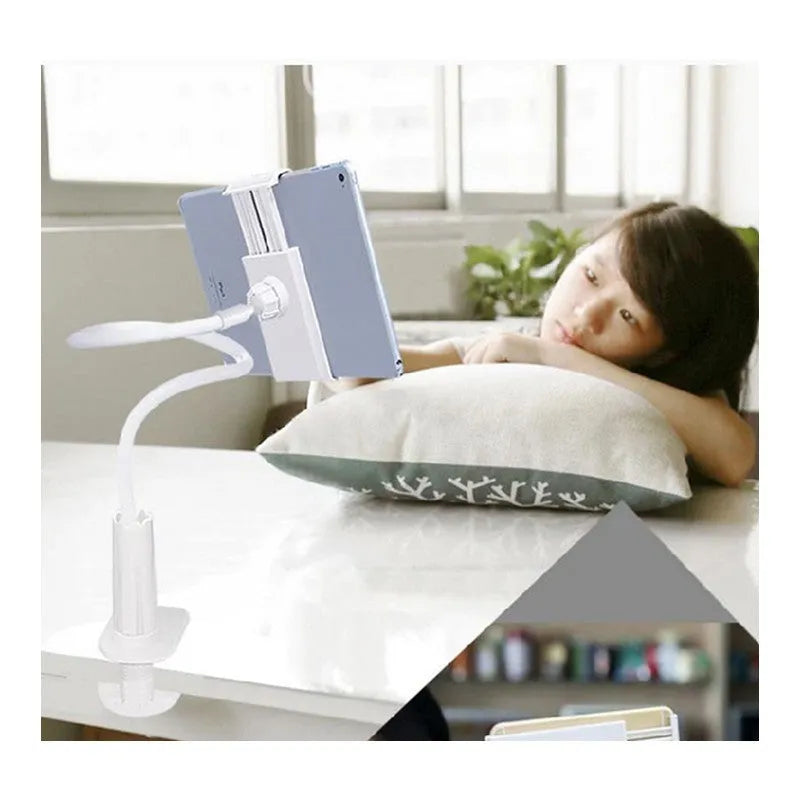 Black flexible tablet holder with suction cup base bent to hold a phone at an angle.