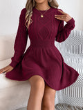 Solid colour artificial fur sweater dress with lantern sleeves and an elastic twist waist.