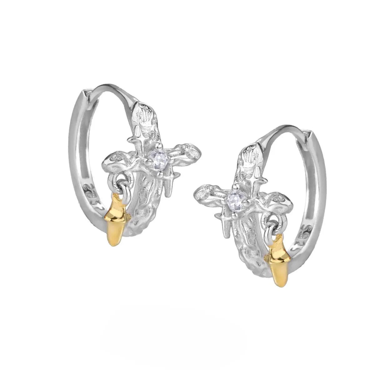 Women's geometric cross earrings in 925 silver with white gold colour finish and round design elements