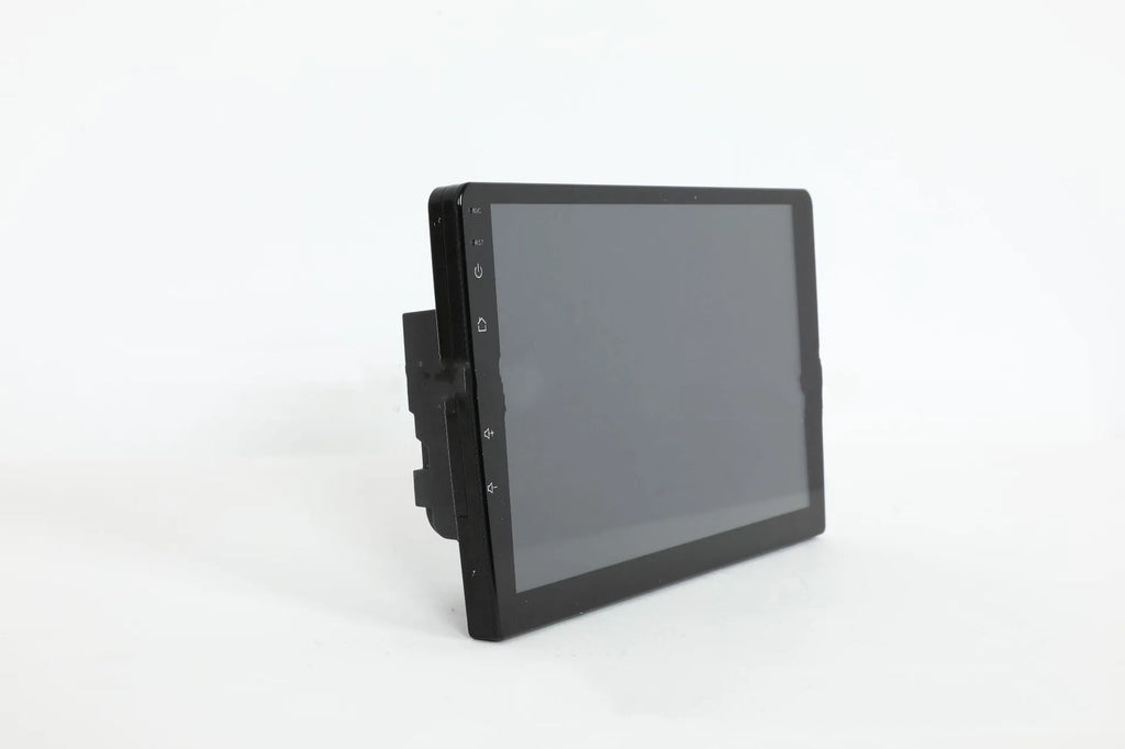 Universal Android car stereo head unit with 10.1 inch touch screen, GPS antenna, and connection cables