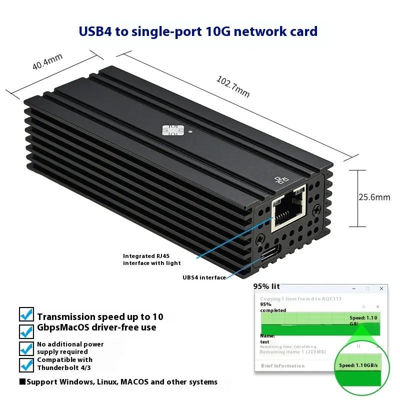Black Leyu USB4 to RJ45 10G network adapter with 20cm cable