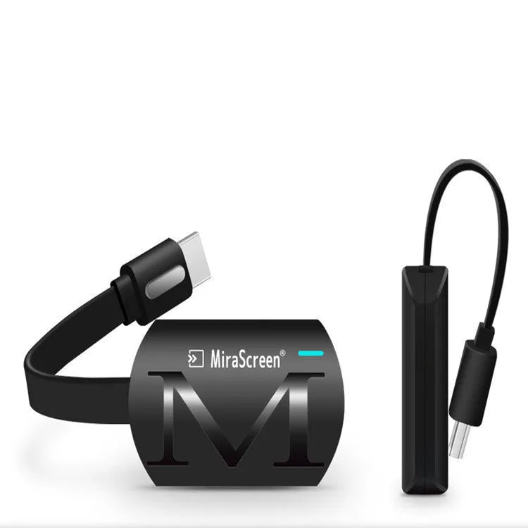 Black smartphone screen mirroring dongle with USB and HDMI connectors for 1080p display output