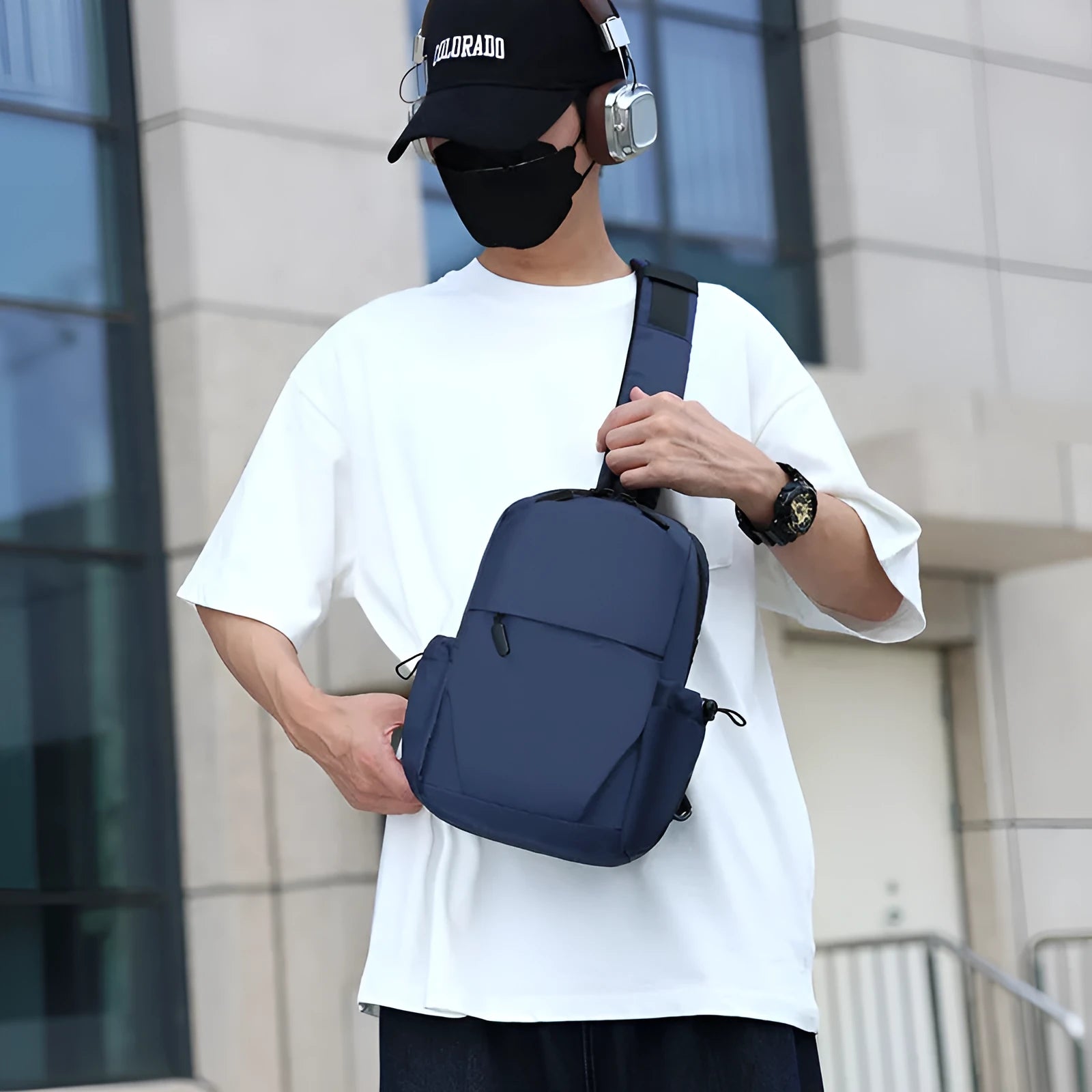 Men's lightweight large capacity chest bag in gray with waterproof agent-treated exterior and polyester lining