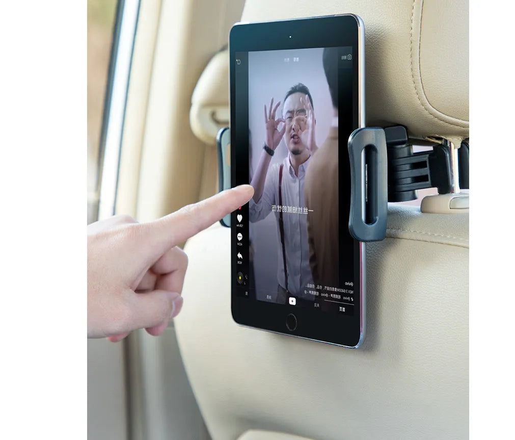 Black car phone holder with rear seat base mount for tablets and smartphones
