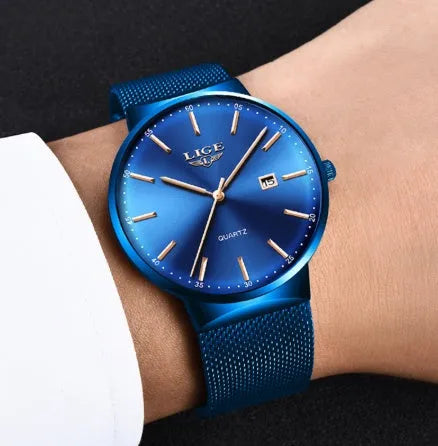 Men's stainless steel watch with 40mm case showing all black, all blue and black blue colour options