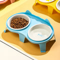 Ceramic cat food and water bowl set on elevated stand with hook design in blue colour