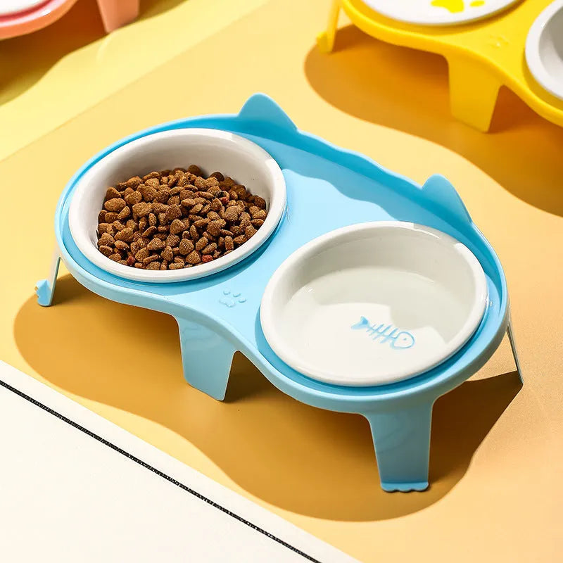Ceramic cat food and water bowl set on elevated stand with hook design in blue colour