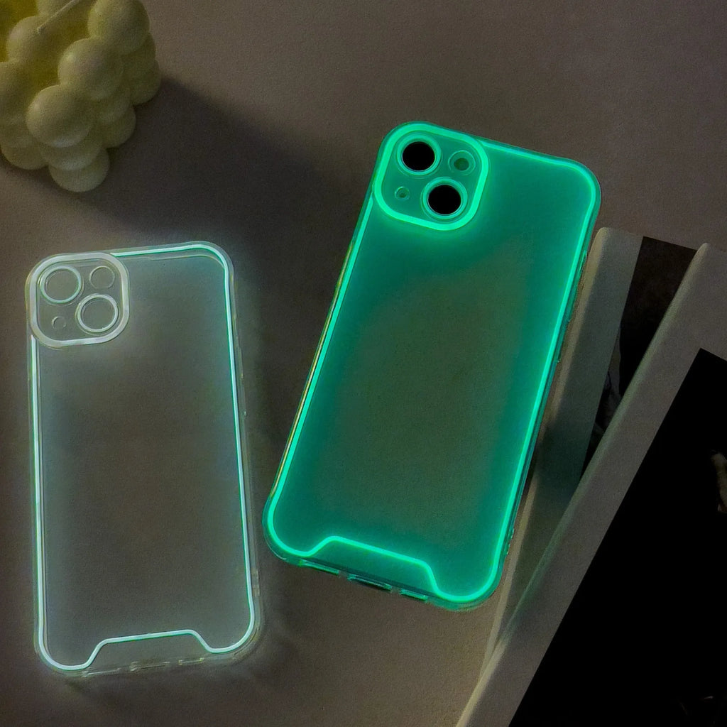Glow in the dark soft TPU phone case for iPhone in blue, green, orange, pink and yellow colours.